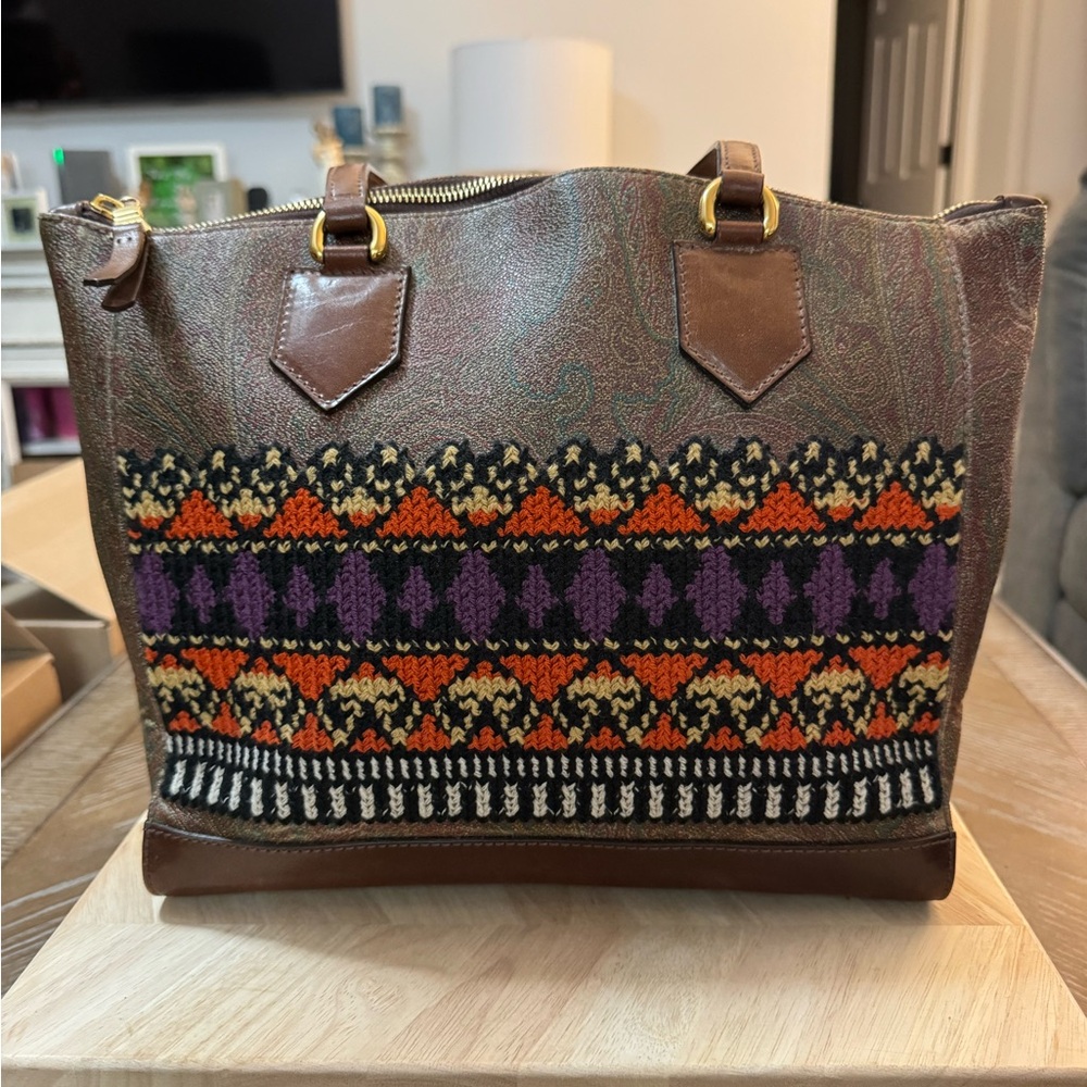NWOT Etro Paisley knit satchel bag with leather trim.